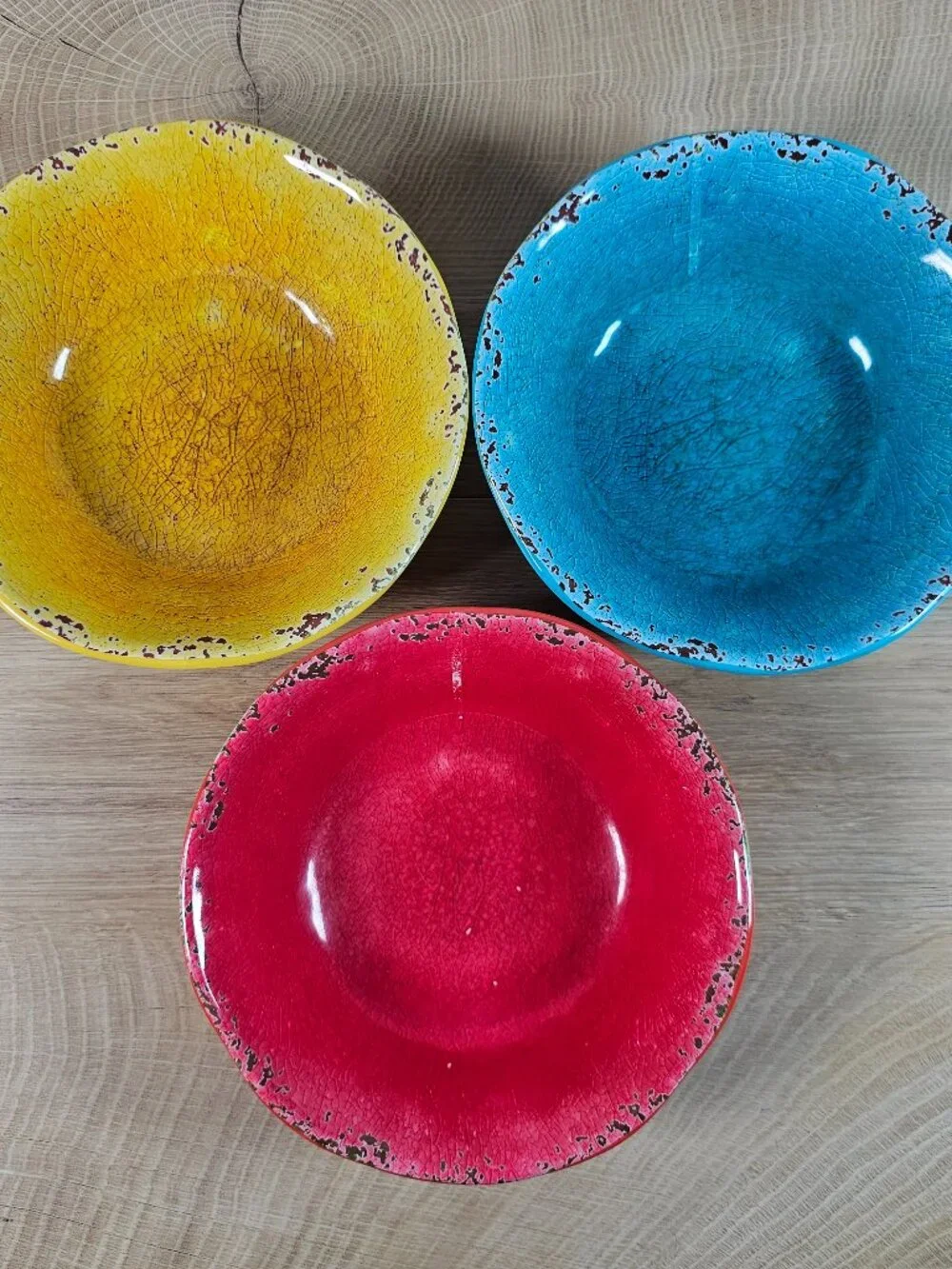 Pier 1 Imports Carmelo Soup Cereal Bowl Set of 3 Melamine Red Blue Yellow Rustic
